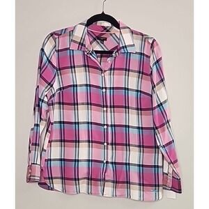 Talbots Womens Medium Petite Multicolor Plaid Button Up Country Western Layer